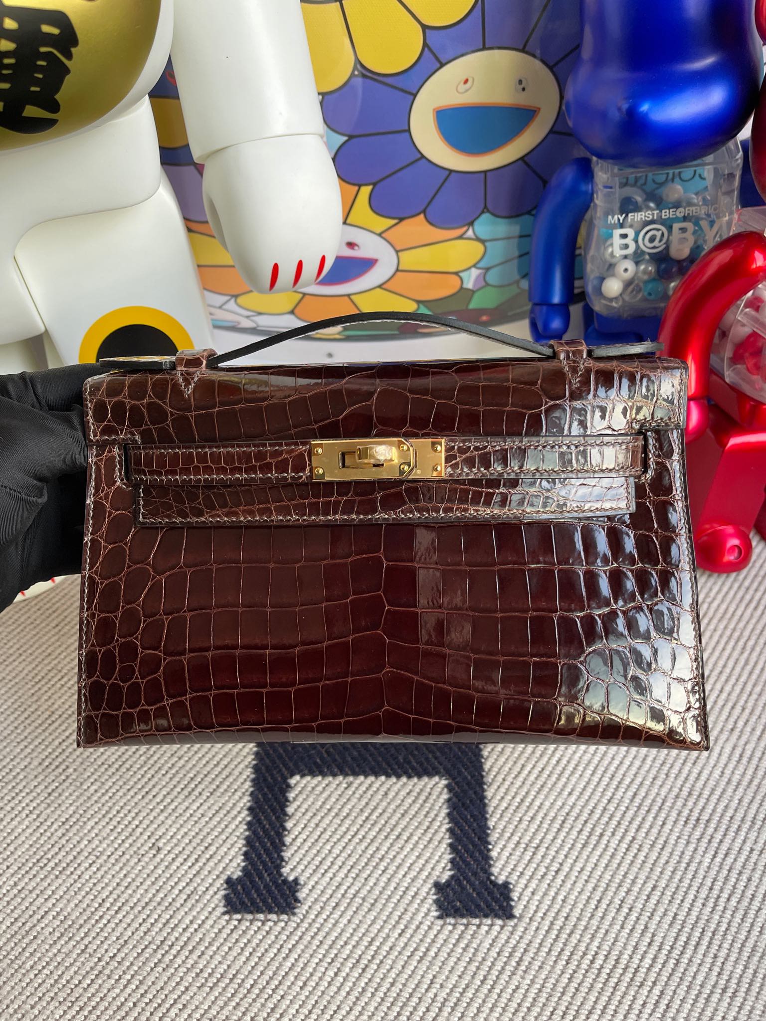 에르메스 켈리22 포쉐트 브라운 금장 샤이니 악어가죽